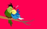  animalization bird black_hair blonde_hair branch fate/zero fate_(series) flat_color hair_ribbon lancer_(fate/zero) mole parrot ribbon ryouko_(lovelovela) saber simple_background sleeping 