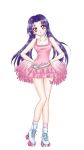  alternate_costume belt cheerleader collarbone dress envy_(fma) fullmetal_alchemist genderswap looking_at_viewer ouroboros pink_dress pom_poms purple_hair red_eyes rikudou_maki roller_skates skates solo tattoo twintails 