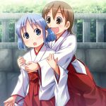  aioi_yuuko blue_eyes blue_hair brown_eyes brown_hair hair_cubes hair_ornament japanese_clothes miko multiple_girls naganohara_mio nichijou open_mouth sayousuke short_hair short_twintails twintails 