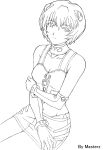  ayanami_rei bangle bare_shoulders bracelet breasts choker cleavage crop_top elbow_gloves gloves highres holding_arm jewelry lineart masterz midriff miniskirt neon_genesis_evangelion race_queen racequeen short_hair sitting skirt solo 