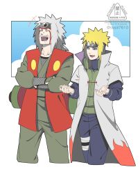  2boys blonde_hair blue_eyes closed_eyes crossed_arms facial_mark forehead_protector grey_hair highres jacket jiraiya_(naruto) konohagakure_shinobi_uniform konohagakure_symbol long_hair long_sleeves looking_at_another male_focus multiple_boys namikaze_minato naruto_(classic) naruto_(series) open_clothes open_jacket open_mouth open_vest pants red_vest scroll short_hair spiky_hair sssiii7610 teeth vest white_jacket 
