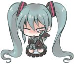  asaki_(artist) chibi closed_eyes eyes_closed hatsune_miku long_hair lowres panties simple_background skirt solo striped striped_panties tears thigh-highs thighhighs twintails underwear very_long_hair vocaloid white_background wiping_tears 
