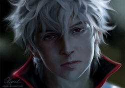  1boy artist_name closed_mouth collared_shirt commentary deviantart_username gintama looking_at_viewer male_focus olggah portrait realistic red_eyes sakata_gintoki shirt short_hair signature solo white_hair 
