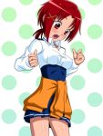  blush breast_expansion breasts duskbreeze hair_ornament hairclip hino_akane open_mouth pleated_skirt polka_dot polka_dot_background precure red_eyes red_hair redhead school_uniform skirt smile_precure! solo surprised sweater_around_waist 