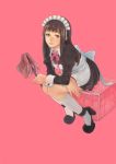  apron bangs black_hair bow brown_eyes cushion highres long_hair maid maid_headdress original pikomaro pink_background ribbon simple_background sitting smile solo white_legwear 