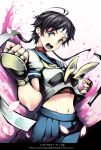  black_hair cherry_blossoms hairband hakase_tatsurou kasugano_sakura looking_at_viewer midriff navel open_mouth pleated_skirt school_uniform short_hair shote_iku shouting skirt solo street_fighter street_fighter_zero yell 