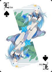  1girl armband bird blue_armband blue_flower blue_hair blue_neckerchief blunt_bangs breasts buttons card card_(medium) character_name closed_mouth collared_shrug commentary double-breasted flower gradient_hair hair_ornament hand_up high-waist_skirt highres holding layered_skirt lize_helesta lize_helesta_(1st_costume) long_hair long_sleeves looking_at_viewer monocle multicolored_hair multiple_views neckerchief nijisanji one_eye_closed plant playing_card pleated_skirt purple_skirt ribbed_shirt rotational_symmetry sebastian_piyodore seelean shirt shrug_(clothing) sidelocks skirt small_breasts smile spade_(shape) split_mouth two-tone_hair very_long_hair violet_eyes virtual_youtuber white_background white_hair white_shirt white_shrug white_skirt yellow_bird 