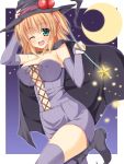  1girl blonde_hair blush cape character_request copyright_request crescent_moon female green_eyes hat moon navel solo star thigh-highs thighhighs wand wink witch_hat zettai_ryouiki 