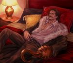  arisue_kanako bed belt black_hair cigar collared_shirt formal fur_coat fur_trim hook_hand lamp looking_away lying male muscle on_back on_bed one_piece pants pillow scar sir_crocodile slicked_back_hair smoking solo suit undressing white_eyes 