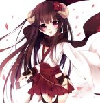  arm_guard arm_guards asprach black_hair black_legwear blush flat_chest flower hair_flower hair_ornament horns inu_x_boku_ss japanese_clothes long_hair miko open_mouth petals purple_eyes scarf shirakiin_ririchiyo solo thigh-highs thighhighs violet_eyes 