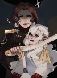  2girls alpha_(alpha_1918) blue_gemstone blue_sash blush brown_hair buttons crying crying_with_eyes_open curly_hair earrings epaulettes fang gem gold_buttons gold_trim golden_hilt green_gemstone highres holding holding_sword holding_weapon jewelry levchenko_ahapiia_oleksandrivna linyvets_chan lips long_hair long_sleeves looking_at_another medium_hair military military_uniform multiple_girls open_mouth original red_gemstone ribbon russo-ukrainian_war sash scimitar shaded_face shoulder_pads smirk sword tears teeth tryzub ukraine ukrainian_clothes ukrainian_flag upper_body weapon white_hair 