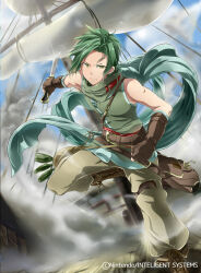  1boy boots brown_boots brown_gloves clenched_hands dagger fingerless_gloves fire_emblem fire_emblem:_path_of_radiance fire_emblem_cipher fuyuzora_minori gloves green_hair green_vest holding holding_dagger holding_knife holding_weapon knife official_art sleeveless sleeveless_vest sothe_(fire_emblem) vest weapon yellow_eyes 