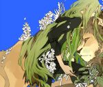  blue_background casual enkidu_(fate/strange_fake) fate/strange_fake fate/zero fate_(series) flower green_eyes green_hair lion long_hair male solo suou 