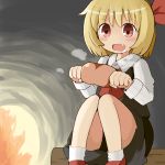  ascot blonde_hair blush_stickers boned_meat child drooling fang fire food footwear hair_ribbon heart heart-shaped_pupils meat open_mouth red_eyes ribbon rumia shoes short_hair sitting socks solo symbol-shaped_pupils the_embodiment_of_scarlet_devil touhou yamase youkai 