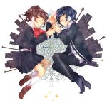  1girl arisato_minato blue_hair bow brown_hair closed_eyes eyes_closed female_protagonist_(persona_3) hand_holding headphones holding_hands persona persona_3 persona_3_portable ribbon school_uniform sleeping smile 