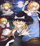  alice_margatroid apron bad_id blonde_hair blue_eyes broom cloud doll forehead full_moon grin hairband hat hourai_doll kaeasiro_nitori kirisame_marisa moon multiple_girls night night_sky outstretched_hand shanghai_doll sky slit_pupils smile star_(sky) starry_sky string touhou witch witch_hat yellow_eyes 