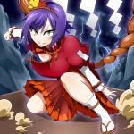  bracelet breasts clenched_hand crazy_smile dark_sky fist hair_ornament jewelry large_breasts lightning mattari_yufi mirror mountain purple_hair raised_fist reflection shimenawa shirt short_hair skirt slit_pupils solo touhou yasaka_kanako yellow_eyes 