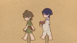  2boys absurdres ahoge armor arms_at_sides barefoot basket black_sash blunt_ends brown_hair brown_outline cardboard cardboard_cutout closed_eyes clothing_cutout facing_to_the_side feathers genshin_impact green_kimono green_shorts green_sleeves highres holding holding_basket japanese_armor japanese_clothes kariginu kimono kote kurokote lavender_melon_(genshin_impact) long_sleeves looking_at_another looking_to_the_side miaoyeza233 mid-stride multicolored_hair multiple_boys open_hands outline pants pom_pom_(clothes) purple_hair purple_kimono purple_sleeves red_sash sash scaramouche's_sickly_friend_(genshin_impact) scaramouche_(genshin_impact) scaramouche_(kabukimono)_(genshin_impact) short_sleeves shorts shoulder_cutout streaked_hair string violet_eyes walking white_pants white_sleeves white_trim wide_sleeves yellow_feathers 