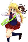  ahoge akizuki_ritsuko bag bespectacled blonde_hair blue_legwear braid chibi chicchan glasses green_eyes hoshii_miki idolmaster kneehighs long_hair plaid plaid_skirt pleated_skirt puchimasu! red-framed_glasses school_uniform shoulder_bag skirt smile standing_on_one_leg sweater_vest the_best_schoolmate_(idolmaster) tsurui 