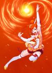  arm_up armpits bike_shorts choker commentary cure_sunny detached_sleeves dress elbow_gloves fire gloves hair_bun hamada_youho highres hino_akane nail_polish open_mouth orange_(color) orange_background orange_dress orange_hair precure red_eyes serious shorts_under_skirt skirt smile_precure! solo thigh-highs thighhighs 