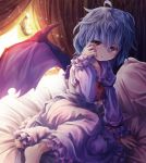  ahoge alternate_costume arm_support ascot barefoot bat_wings bed blue_hair dress hand_on_own_face mikkii no_hat no_headwear on_bed pajamas pillow red_eyes remilia_scarlet ribbon short_hair sitting solo touhou window wings 