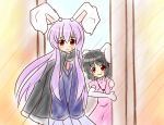  :3 animal_ears black_hair blush bunny_ears carrot inaba_tewi jewelry long_hair multiple_girls necklace open_mouth purple_hair red_eyes reisen_udongein_inaba scarf touhou udonge yurume_atsushi 