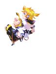  blonde_hair blue_eyes foreshortening headphones highres kagamine_len looking_at_viewer male monq short_hair shorts simple_background smile solo vocaloid 