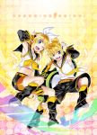  1girl blonde_hair blue_eyes brother_and_sister kagamine_len kagamine_rin kitano_tomotoshi leg_warmers looking_at_viewer midriff navel open_mouth short_hair shorts siblings smile twins vocaloid wink 