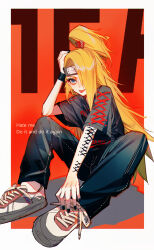  1boy :p absurdres alternate_costume arm_piercing baocaizi black_nails black_pants blonde_hair blue_eyes border deidara_(naruto) english_text eyeliner forehead_protector grin high_ponytail highres long_hair makeup male_focus naruto_(series) naruto_shippuuden pants ponytail shirt simple_background sitting sketch smile t-shirt tongue tongue_out white_border white_sneakers wristband 