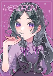  1girl air_bubble black_hair blouse blush braid bubble cure_kiss curled_up curly_sidelocks finger_to_face hair_ribbon hair_tie hand_up highres kimi_to_idol_precure long_hair looking_at_viewer low_twin_braids meroron_(human_form) nkysk_cure_my open_mouth parted_bangs precure purple_ribbon purple_shirt ribbon see-through_clothes see-through_sleeves shirt soap_bubbles solo solo_focus twin_braids upper_body very_long_hair violet_eyes zooming_in 