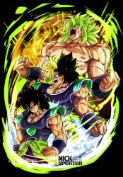  1boy armor black_armor black_background black_hair broly_(dragon_ball_super) cowboy_shot dragon_ball dragon_ball_super dragon_ball_super_broly green_hair highres legendary_super_saiyan male_focus multicolored_hair muscular muscular_male nickelespektro open_mouth scar scar_on_face super_saiyan transformation two-tone_hair 
