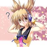  ? armpits arms_up blonde_hair brown_eyes brown_hair bust earmuffs flower hands_on_headphones headphones open_mouth osashin_(osada) shin_osada sleeveless sleeveless_shirt solo touhou toyosatomimi_no_miko 