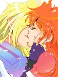  1girl blonde_hair chin_grab closed_eyes couple eyes_closed fingerless_gloves fingernails gloves gourry_gabriev hand_on_another&#039;s_face hand_on_another's_face happy kiss lina_inverse long_hair maria_carmen_galan oekaki orange_hair signature slayers snowing tegaki white_background 
