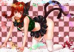 all_fours alternate_costume animal_ears bare_shoulders bell beniyaorin bow braid breasts cat_ears cat_tail cleavage food food_in_mouth hair_bow kaenbyou_rin long_hair midriff mouth_hold multiple_tails no_panties red_eyes red_hair redhead ribbon skirt solo sparkle tail taiyaki thigh-highs thighhighs touhou twin_braids wagashi white_legwear 