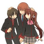  2boys brown_eyes brown_hair closed_eyes eyes_closed hand_holding holding_hands little_busters!! long_hair multiple_boys naoe_riki natsume_kyousuke natsume_rin ponytail red_eyes school_uniform shacttainw short_hair wink 