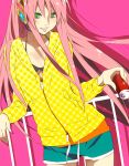  against_railing bikini_top boyshorts dutch_angle eretto front-tie_top green_eyes grin headphones hooded_jacket hoodie long_hair megurine_luka pink_hair simple_background smile soda_can solo very_long_hair vocaloid 