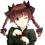  1girl :3 animal_ears bow braid bust cat_day cat_ears dress extra_ears green_dress hair_bow juliet_sleeves kaenbyou_rin long_sleeves nagata_nagato one_eye_closed paw_pose puffy_sleeves red_eyes redhead solo touhou twin_braids 