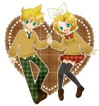  bass_clef black_legwear blonde_hair blue_eyes blush brother_and_sister happy heart hiyo_(hiyococco) kagamine_len kagamine_rin looking_at_viewer neck_ribbon necktie open_mouth plaid ribbon siblings skirt smile thigh-highs thighhighs treble_clef twins unmoving_pattern vocaloid zettai_ryouiki 