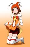  ahoge bike_shorts boots bow cure_sunny elbow_gloves fingerless_gloves gloves gradient gradient_background hair_bun highres hino_akane kakkii kneeling magical_girl orange_(color) orange_background precure short_hair shorts_under_skirt skirt_hold smile_precure! thigh-highs thigh_boots thighhighs white_background 