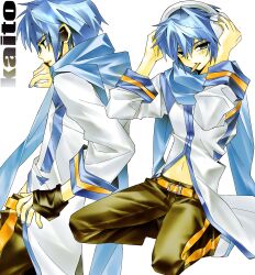  00s 1boy absurdres blue_eyes blue_hair blue_nails blue_scarf coat headphones highres hynn0x_x kaito kaito_(vocaloid) male_focus pale_skin scarf short_hair vocaloid white_coat 