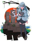  &gt;:| black_legwear blue_eyes brown_shoes carillus flower hair_between_eyes hat hibiki_(kantai_collection) highres kantai_collection long_hair plant seaside shaded_face shadow shirt sun sunset tombstone verniy_(kantai_collection) white_hair white_shirt 