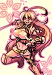  ahoge bandeau blonde_hair boots breasts choker elbow_gloves gloves knee_boots long_hair midriff milla_maxwell navel red_eyes smile solo sword tales_of_(series) tales_of_xillia taut_shirt thigh-highs thighhighs usagineko weapon white_background xillia_symbol 