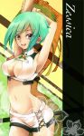  aquarion_evol armpits arms_up breasts cleavage cleavage_cutout green_hair looking_at_viewer midriff navel no_panties open_mouth purple_eyes ribbon short_hair tsukasa_kinako violet_eyes zessica_wong 