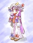  bow crescent dress hair_bow hat hat_bow long_hair natsuki_(silent_selena) patchouli_knowledge perfect_cherry_blossom purple_eyes purple_hair scarf scarf_over_mouth solo standing touhou violet_eyes 