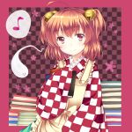  1girl ajiriko apron bell book book_stack brown_eyes brown_hair frame ghost hair_bell hair_ornament japanese_clothes kimono long_sleeves motoori_kosuzu musical_note smile solo spoken_musical_note touhou two_side_up wide_sleeves 