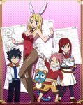  2boys 2girls artist_request black_hair black_legwear blonde_hair brown_eyes brown_legwear bunny_ears bunny_tail bunnysuit cat child erza_scarlet fairy_tail gray_fullbuster happy_(fairy_tail) heart lucy_heartfilia natsu_dragneel official_art pantyhose pink_hair red_hair sketch smile sword tail weapon 