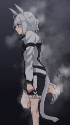  1girl animal_ears black_jacket black_shorts bob_cut braid brown_eyes closed_mouth commentary crown_braid ear_ribbon folded_ponytail from_side frown fujimasa_march_(umamusume) grey_hair gym_shorts highres horse_ears horse_girl horse_tail jacket kakuteru_sudachi kasamatsu_tracen_training_uniform leg_up long_sleeves looking_to_the_side no_socks removing_shoes shoes short_hair shorts sneakers solo standing standing_on_one_leg steam sweat sweatdrop tail translated umamusume umamusume:_cinderella_gray white_shoes 