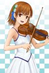  armpits brown_eyes brown_hair checkered checkered_background dress face flat_chest flower hair_flower hair_ornament hands instrument misaka_mikoto short_hair to_aru_kagaku_no_railgun to_aru_majutsu_no_index violin yubari_rumoi 