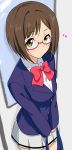  1girl blush brown_hair glasses green_eyes idolmaster idolmaster_cinderella_girls looking_at_viewer maekawa_miku marugoshi_teppei school_uniform solo 