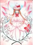  blue_eyes bow branch brown_hair capelet dress flower hat lily_white long_hair marker_(medium) mosho smile solo touhou traditional_media watercolor_(medium) wings 